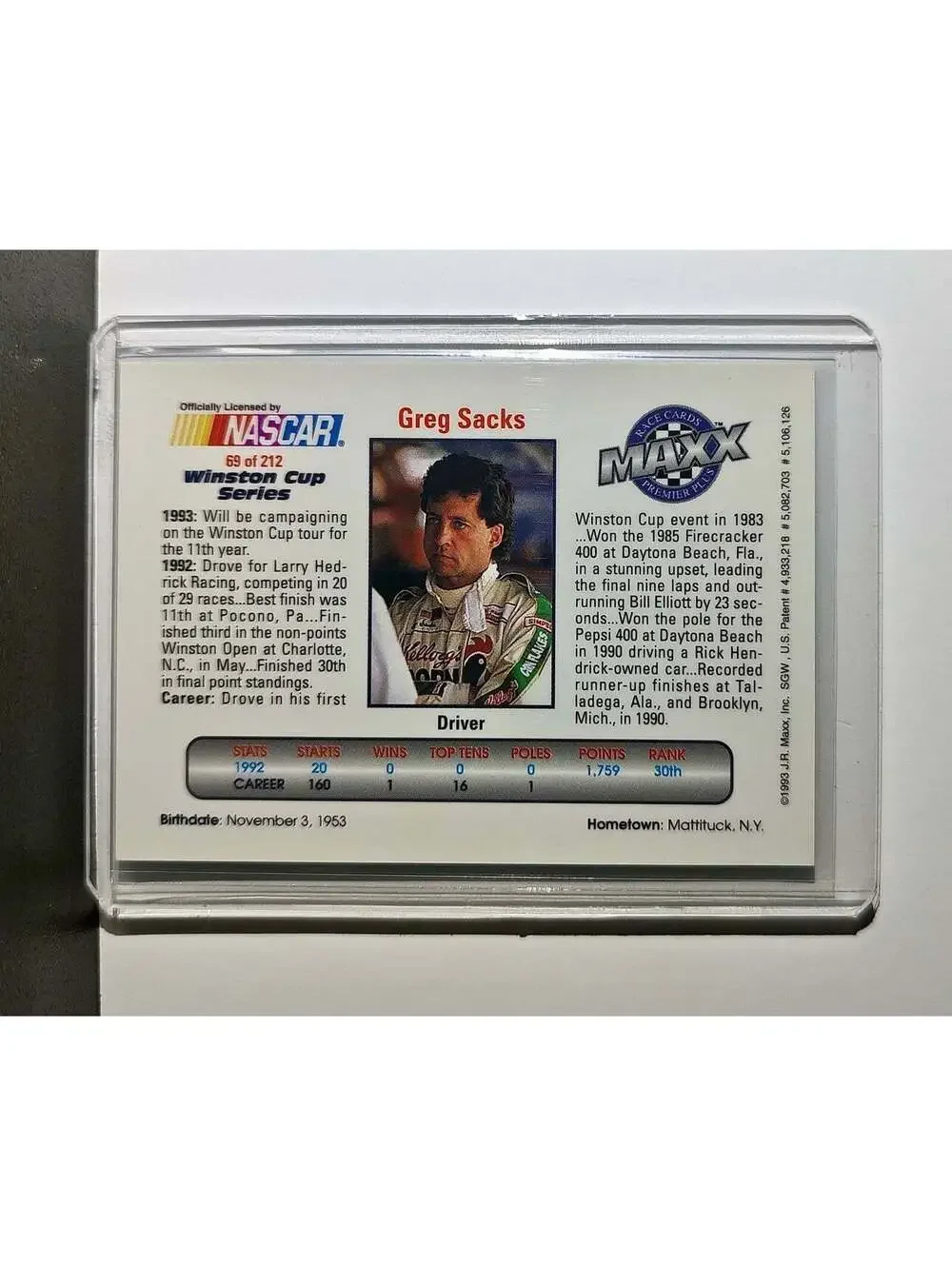 Greg Sacks 1993 Maxx Premier Plus Racing #69 NASCAR Larry Hedrick Motorsports